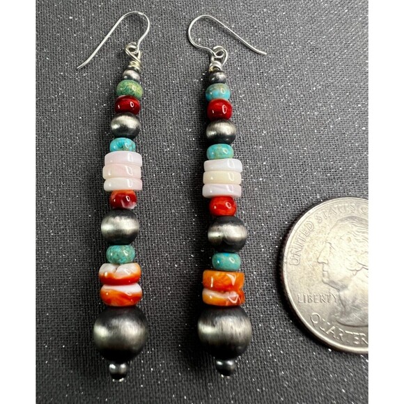 Hand Strung 925 Silver Turquoise Pink Conch Navajo Pearls Coral Spiny Earrings - Picture 5 of 6